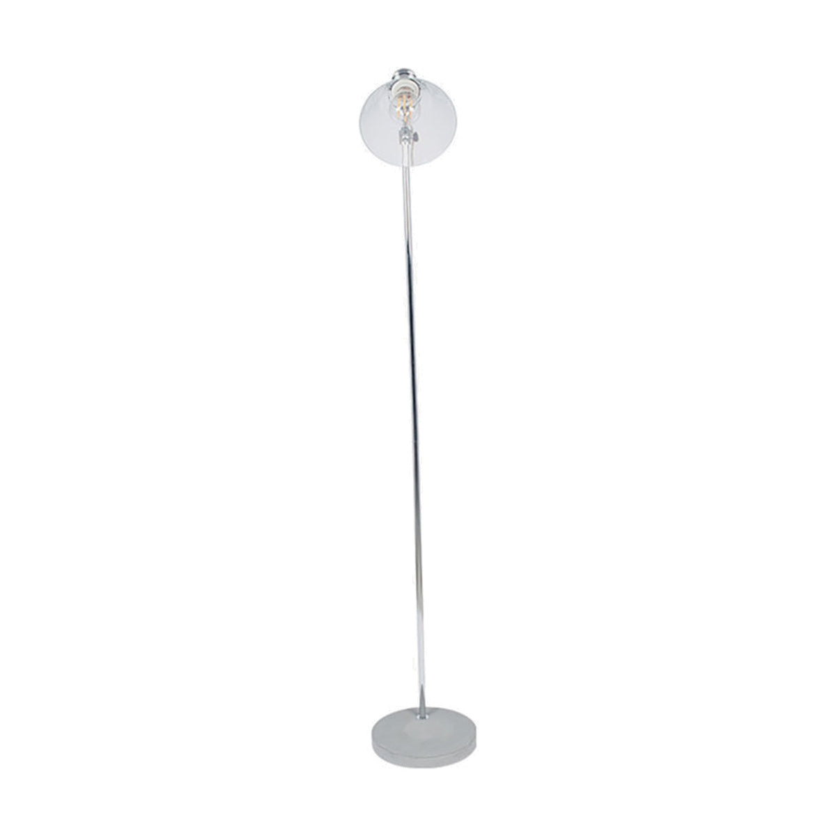 Chaplin floor lamp, 157cm, with slim brushed chrome stem, round glass shade, and weighted concrete base, shown against a plain white background.