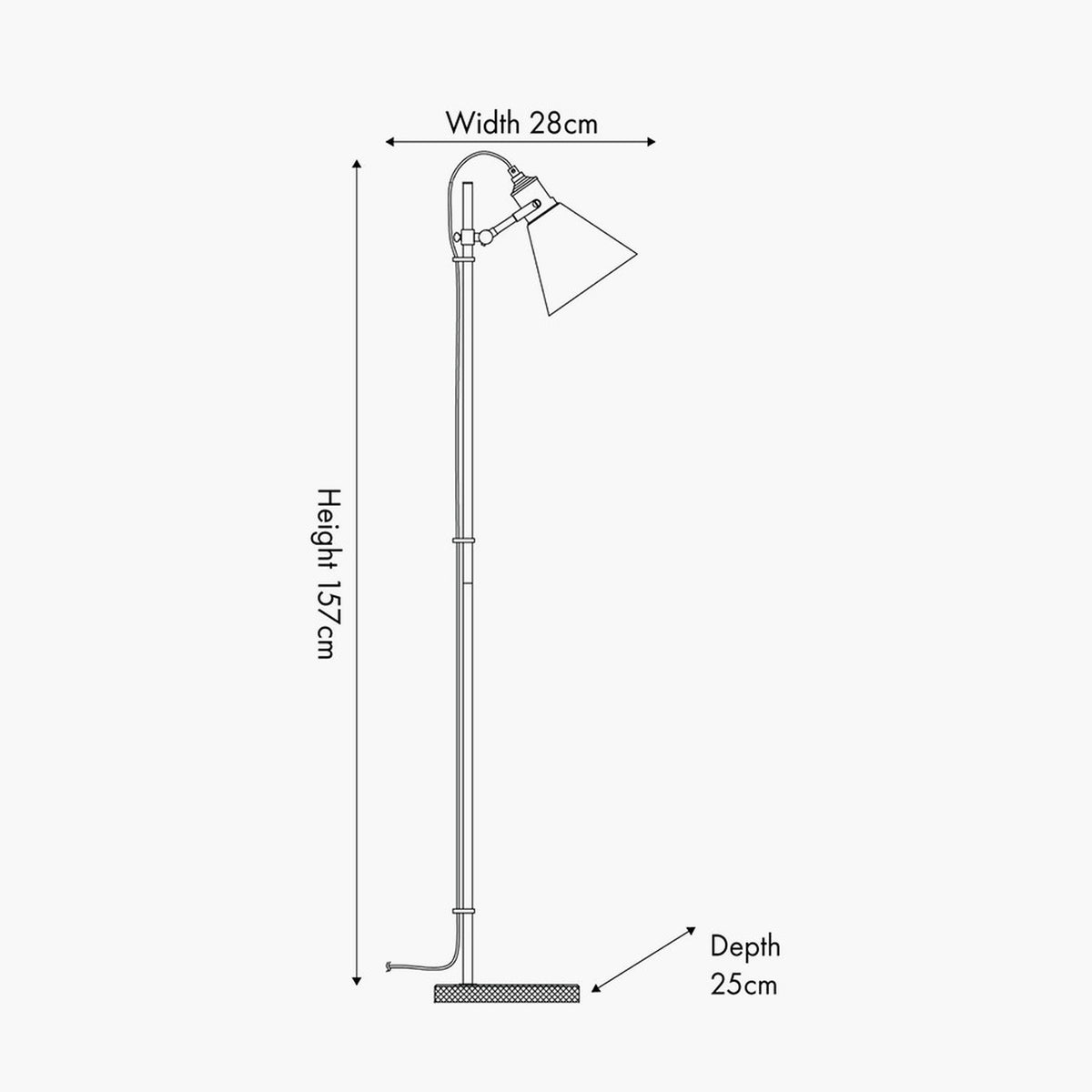 Line drawing of the Chaplin Concrete & Brushed Chrome Floor Lamp, 157cm tall, showing a slim pole base, adjustable cone shade, and dimensions labelled 28cm width and 25cm depth on a plain background.
