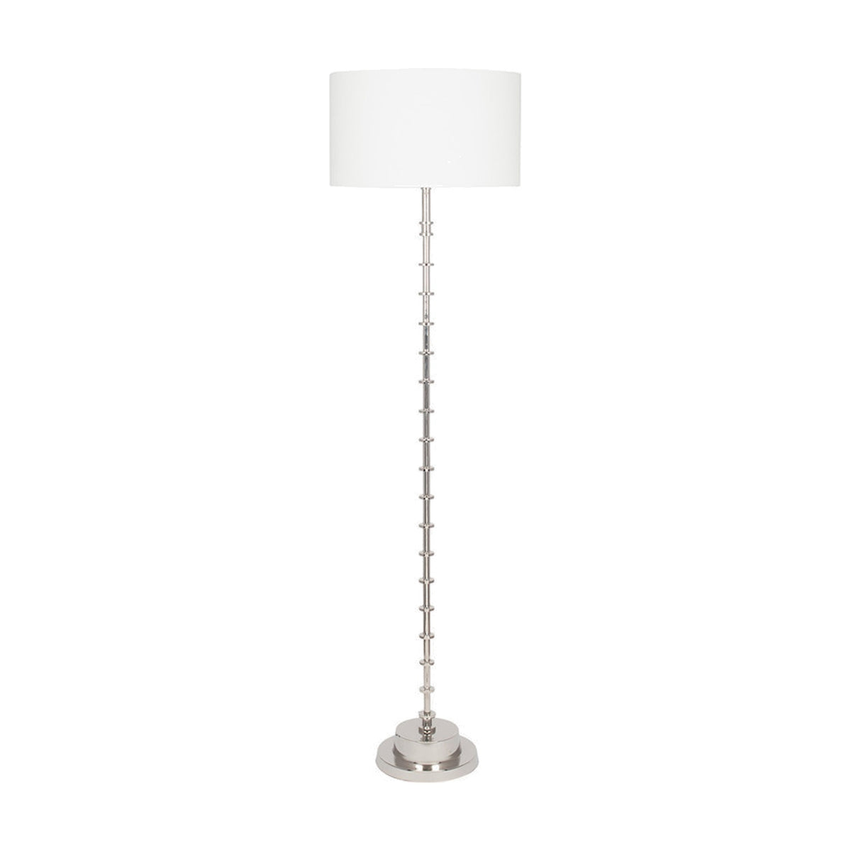 Almas Silver Aluminium Floor Lamp, 145cm, with a segmented column stem, round base, and white drum shade on a plain white background.