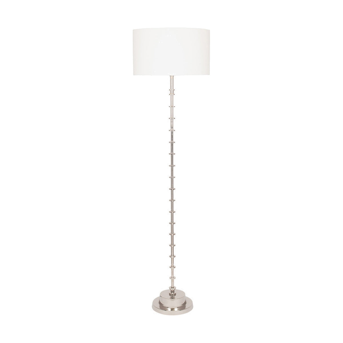 Almas silver aluminium floor lamp, 145cm, with a slender segmented column, round base, and white drum shade, shown on a plain white background.