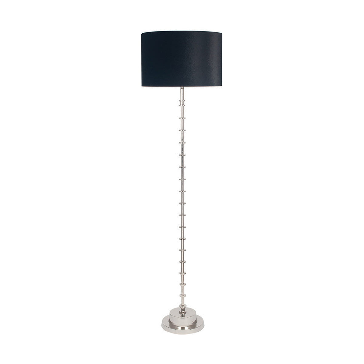 Almas Silver Aluminium Floor Lamp, 145cm, with a segmented column stem, round base and black drum shade, shown on a plain white background.
