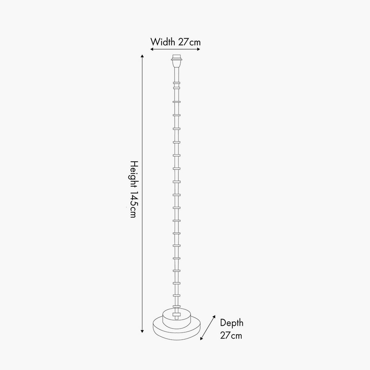Line drawing of the Almas Silver Aluminium Floor Lamp Base, 145cm tall with a segmented column and round base, labelled with 27cm width and depth on a white background.