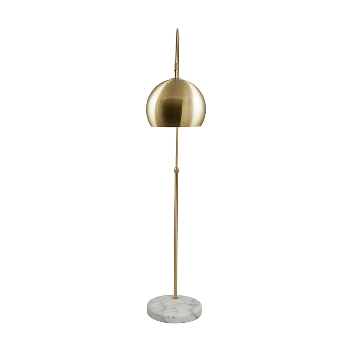 Feliciani floor lamp, 179cm, with a brushed brass dome shade and slim stem on a round white marble base, shown against a plain white background.