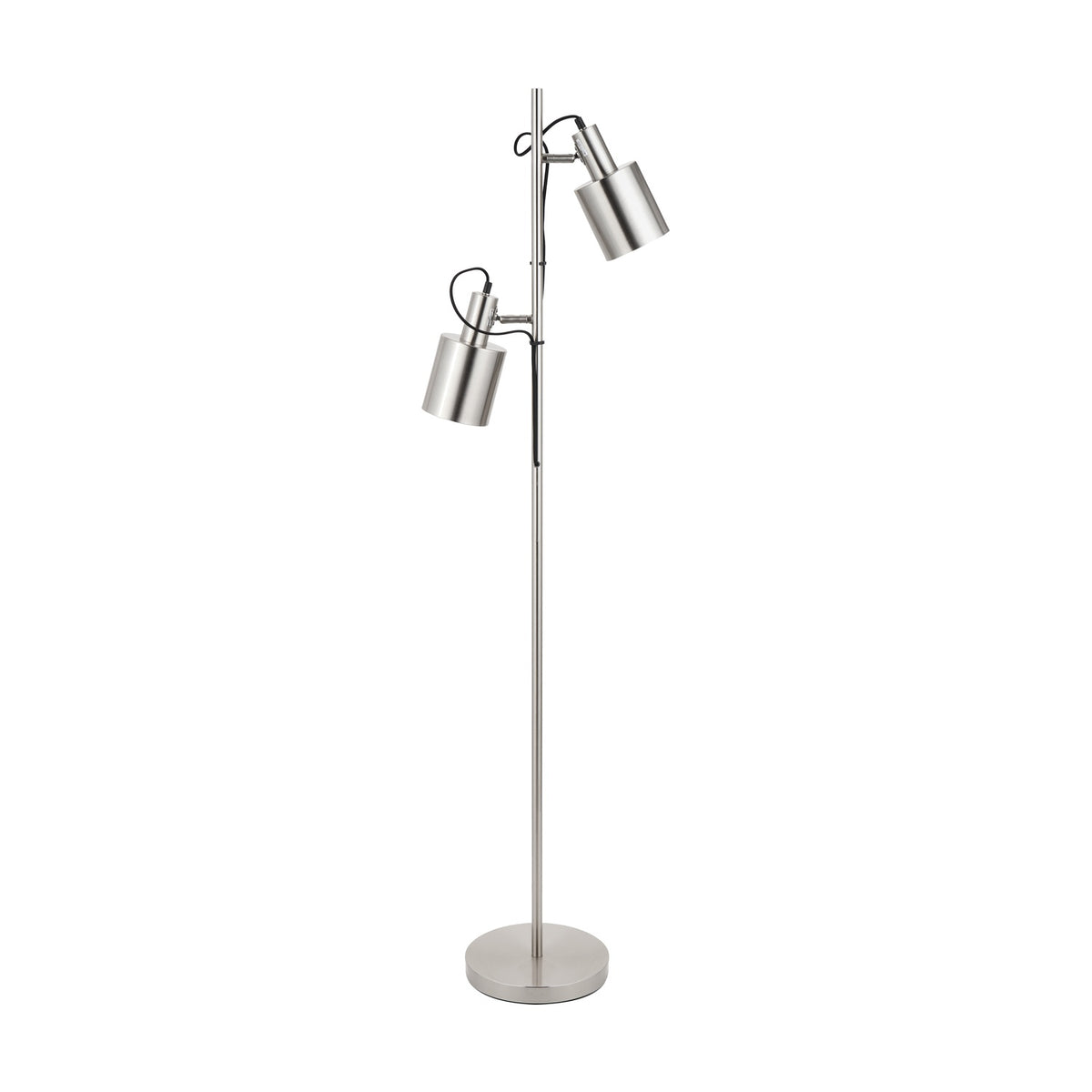 Aaron Brushed Chrome Silver Task Floor Lamp, 152cm, with two adjustable cylindrical shades on a slim metal pole and round base, shown on a plain white background.