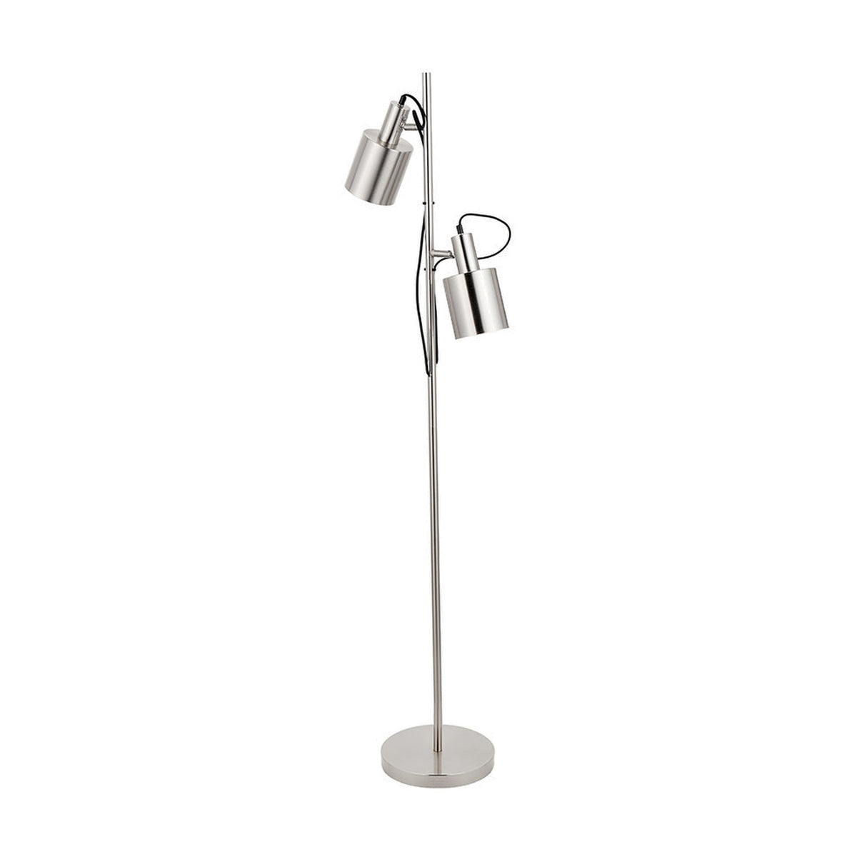 Aaron Task Floor Lamp in brushed chrome silver, 152cm tall, with two adjustable cylindrical heads on a slim pole and round base, shown on a plain white background.