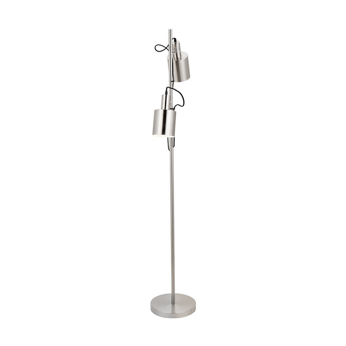 Aaron Brushed Chrome Silver Task Floor Lamp, 152cm, with two adjustable cylindrical metal shade heads on a slim pole and round base, shown on a plain white background.