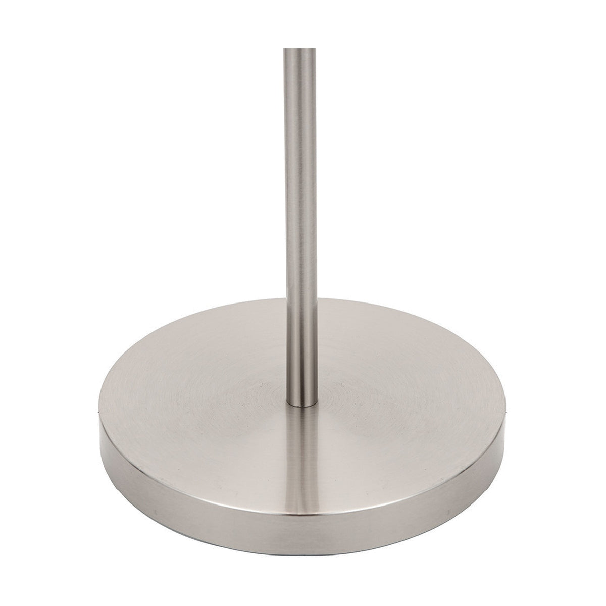 Aaron Task Floor Lamp in brushed chrome silver, close-up of the round weighted base and slim metal pole against a plain white background.