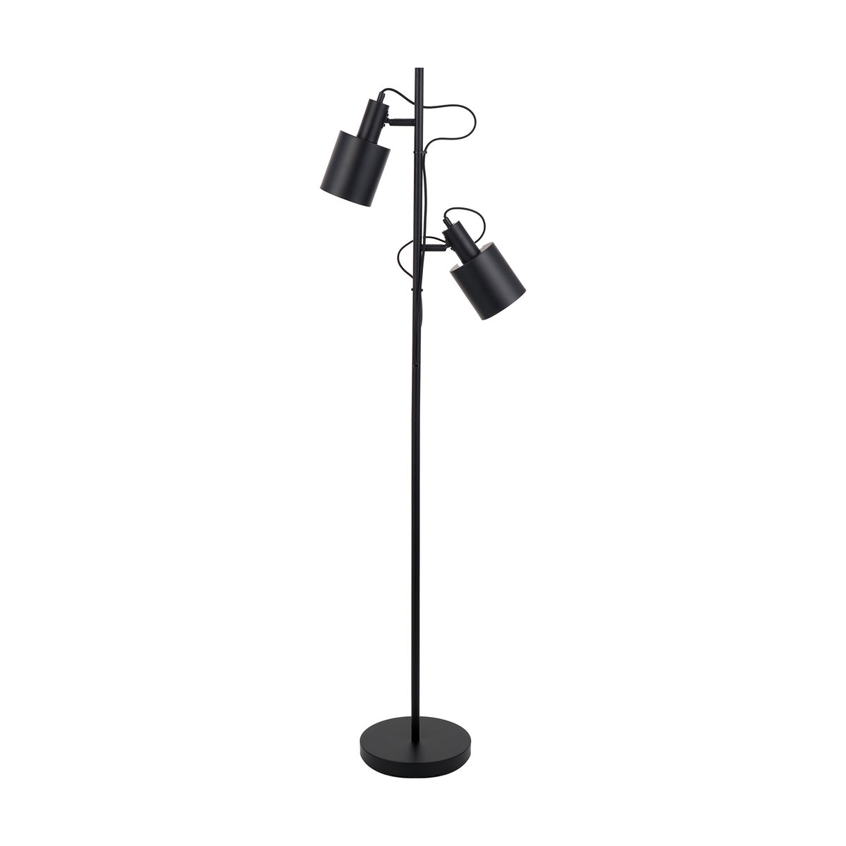 Aaron Black Iron Task Floor Lamp, 152cm, with two adjustable cylindrical shades on a slender pole and round base, matte black metal finish, shown on a plain white background.