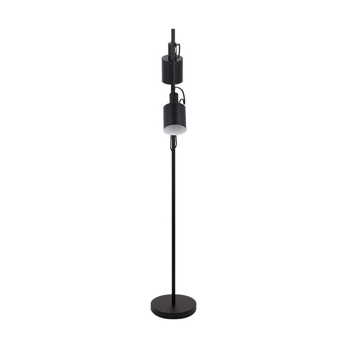 Aaron Black Iron Task Floor Lamp, 152cm, with a slim metal pole, round base, and two adjustable cylindrical heads on a plain white background.