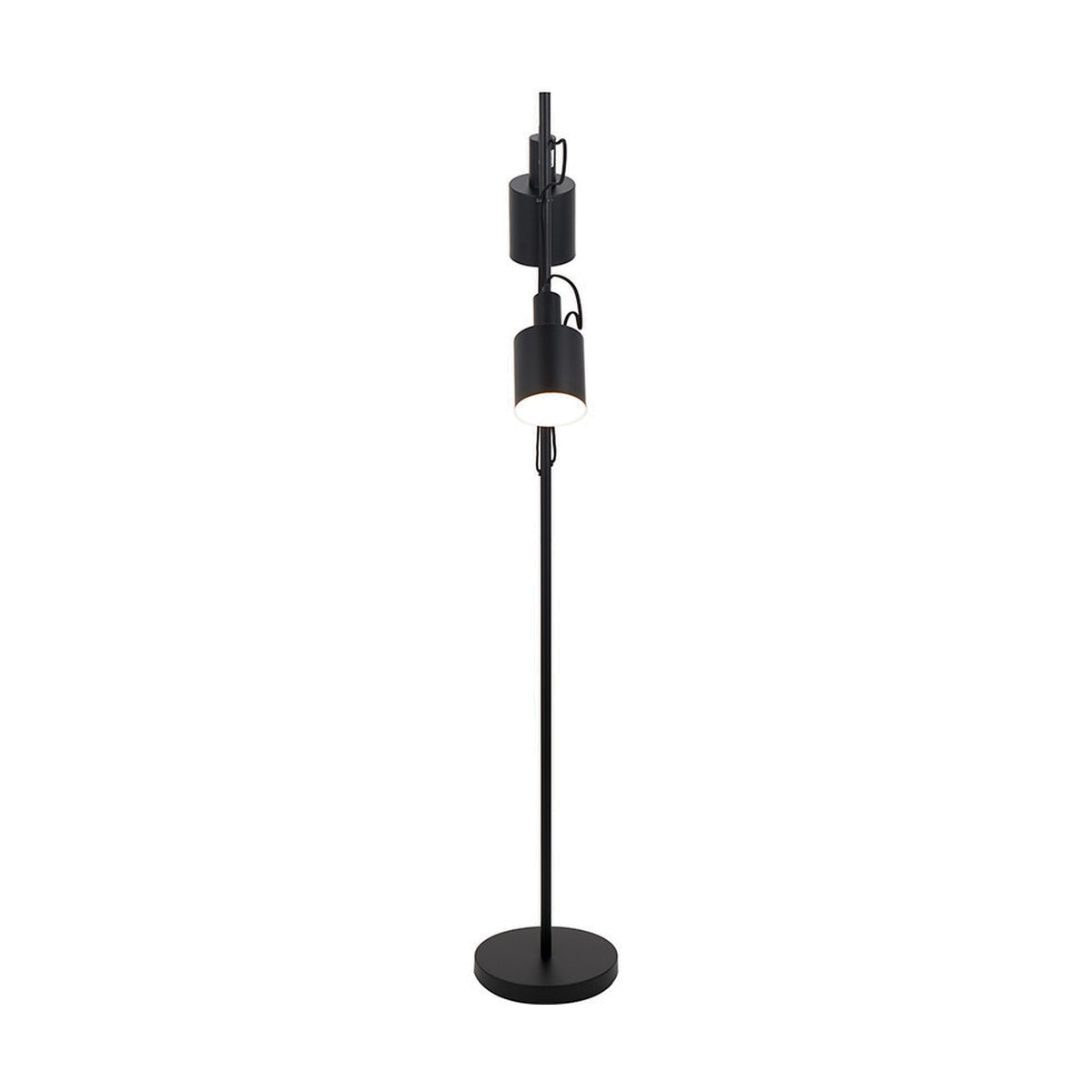 Aaron Black Iron Task Floor Lamp, 152cm, with slim rod stem, round weighted base, and two adjustable cylindrical shade heads on flexible arms, shown on a plain white background.