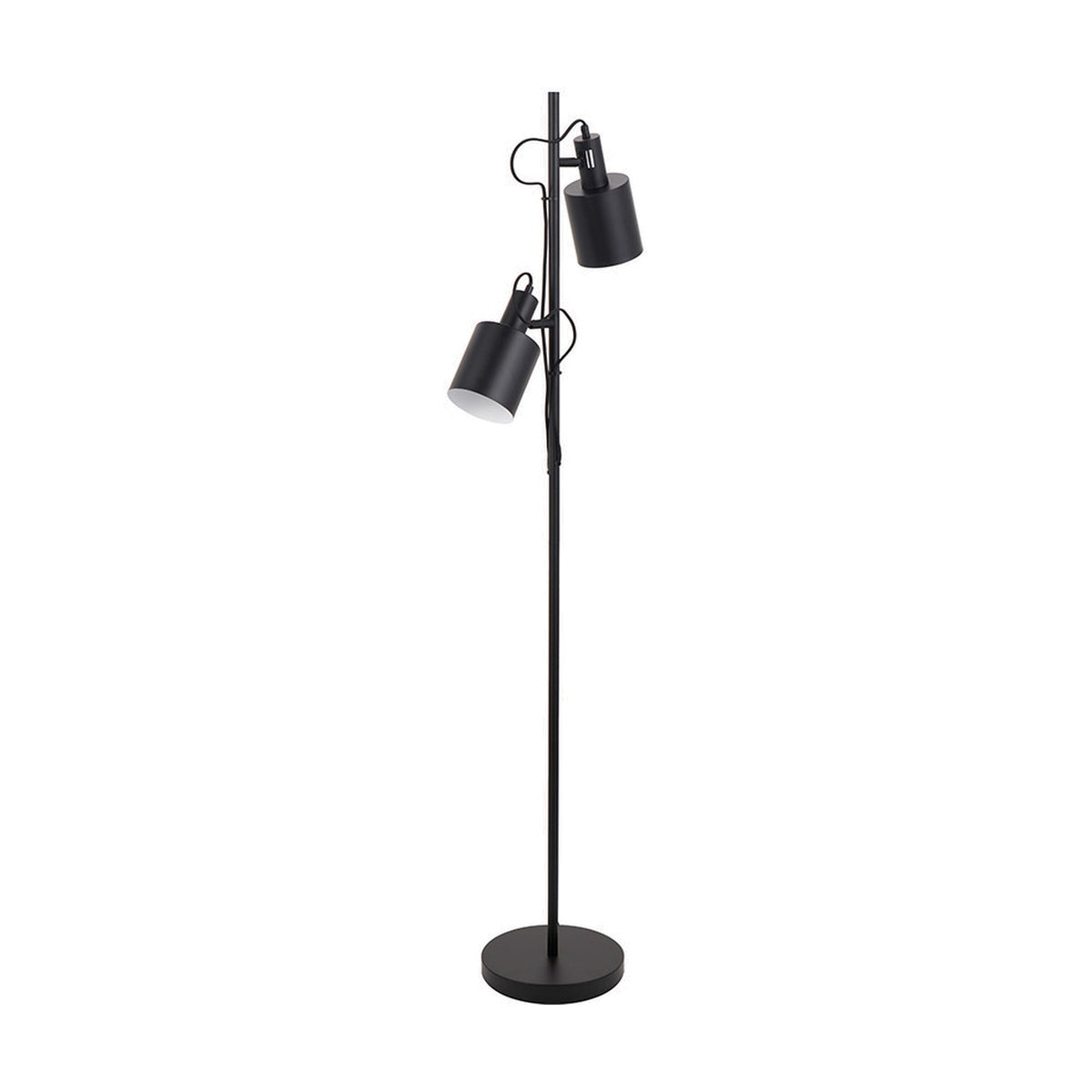 Aaron Black Iron Task Floor Lamp, 152cm tall, with two adjustable cylindrical shades on a slim pole and round base, matte black metal finish, shown on a plain white background.