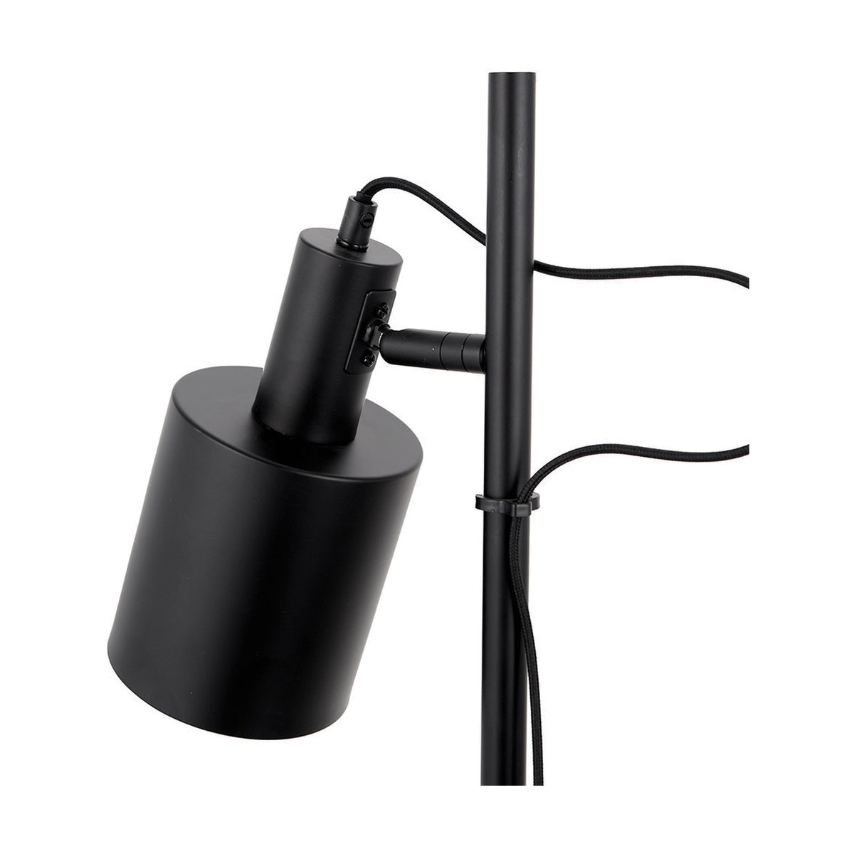 Close-up of the Aaron Black Iron Task Floor Lamp's adjustable cylindrical shade and pivot joint on a matte black metal pole, with visible fabric cord, against a white background.