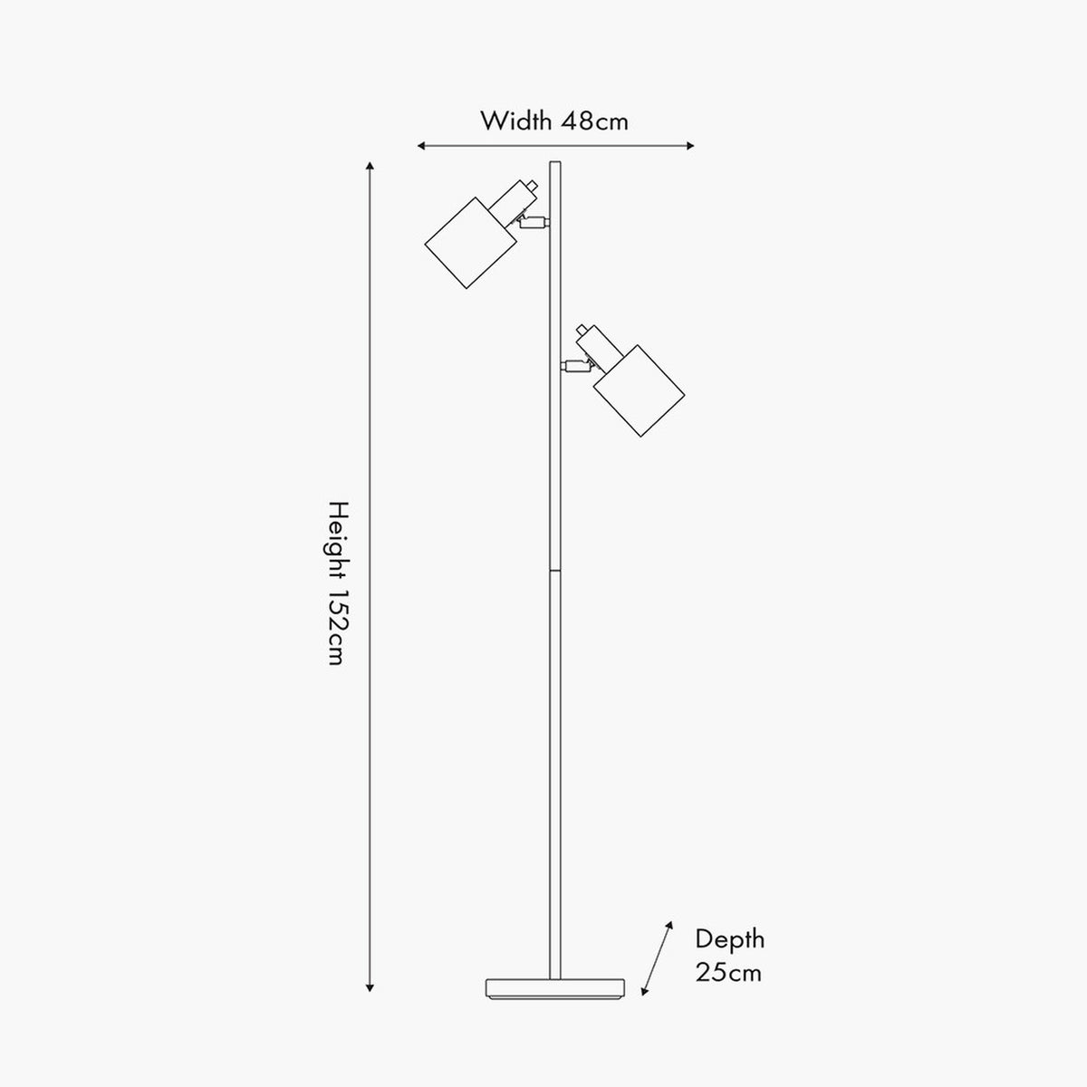 Line drawing of the Aaron Black Iron Task Floor Lamp, 152cm, showing two adjustable square shade heads on a slim pole with round base, with width 48cm and depth 25cm noted.