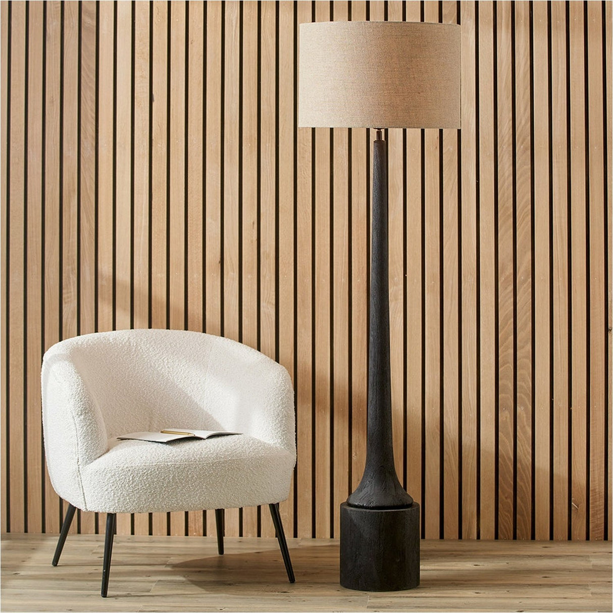 Marin Black Wood Tall Neck Floor Lamp with Linen Cylinder Shade