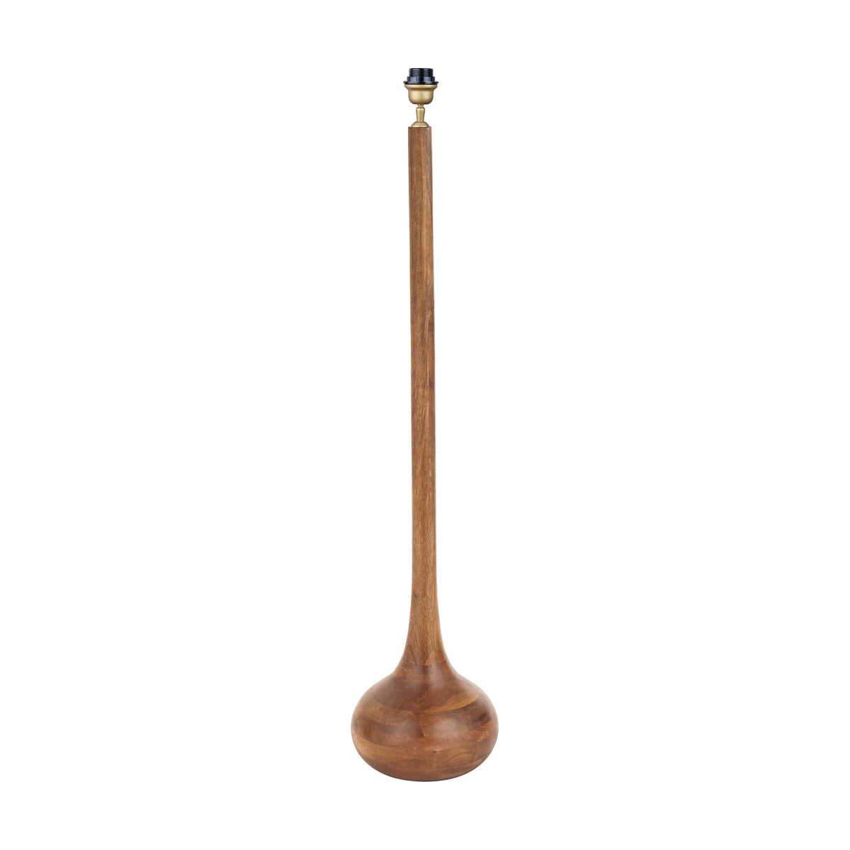 Toma Oiled Wood Tall Neck Floor Lamp Base, 136cm, with slender tapered column and bulbous rounded foot in warm wood finish, brass fitting at top, shown on a plain white background.