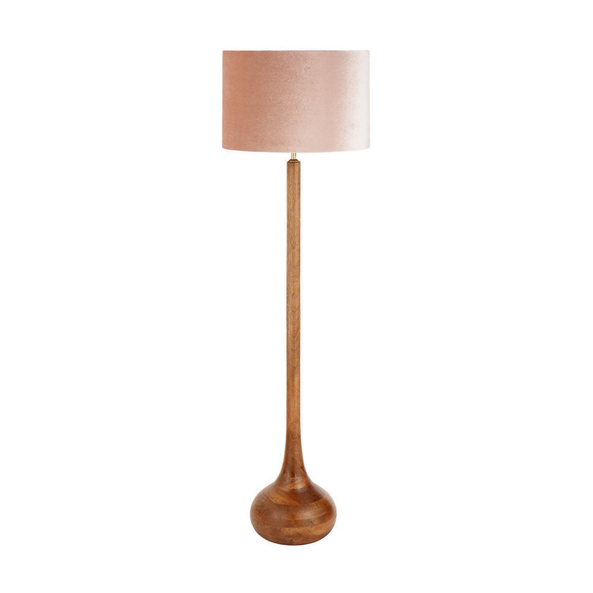 Toma Oiled Wood Tall Neck Floor Lamp, 136cm, with a slender turned wood column, bulbous base, and a drum-shaped pink velvet shade, shown on a plain white background.