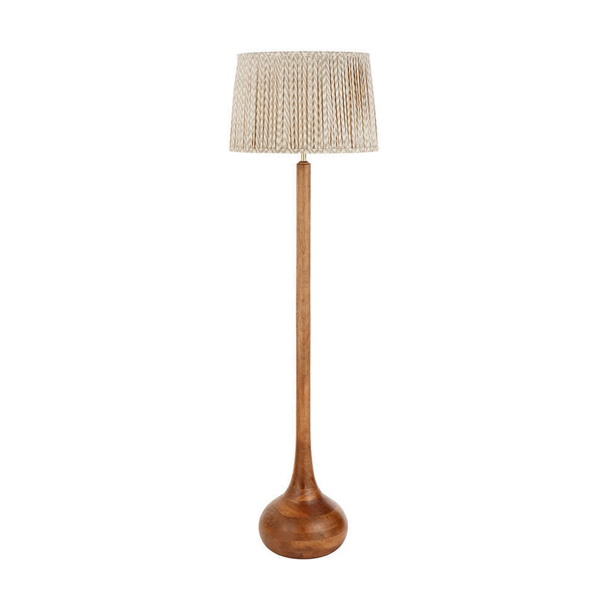 Toma Oiled Wood Tall Neck Floor Lamp, 136cm, with a slender wood column, rounded bulbous base, and pleated cream shade, shown against a plain white background.