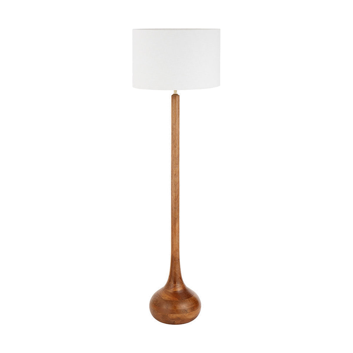 Toma Oiled Wood Tall Neck Floor Lamp, 136cm, with a slim tapered wooden column, bulbous base, and white drum shade, shown on a plain white background.