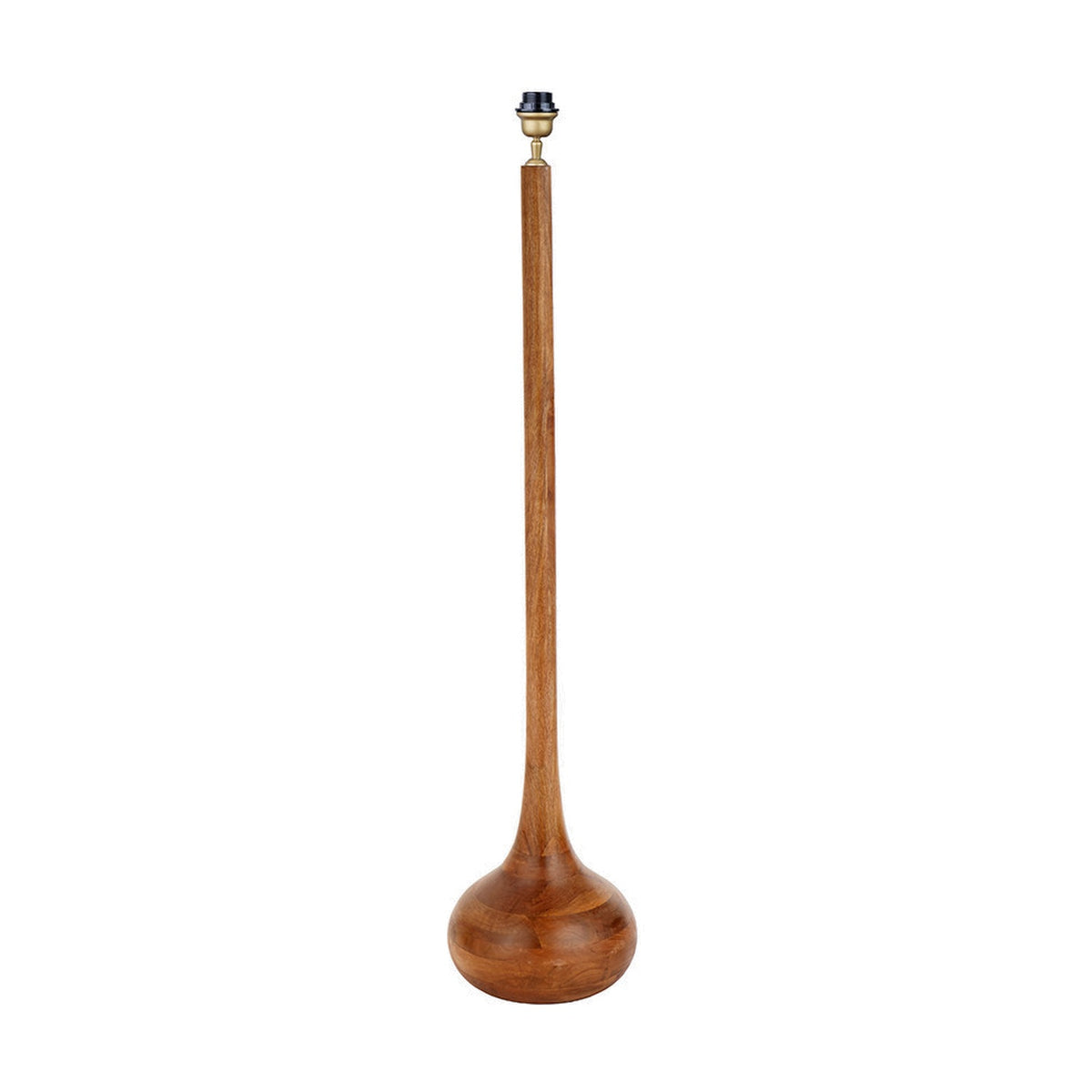 Toma Oiled Wood Tall Neck Floor Lamp Base, 136cm, with slender tapered wooden stem, bulbous rounded base, and brass fitting, shown on a plain white background.