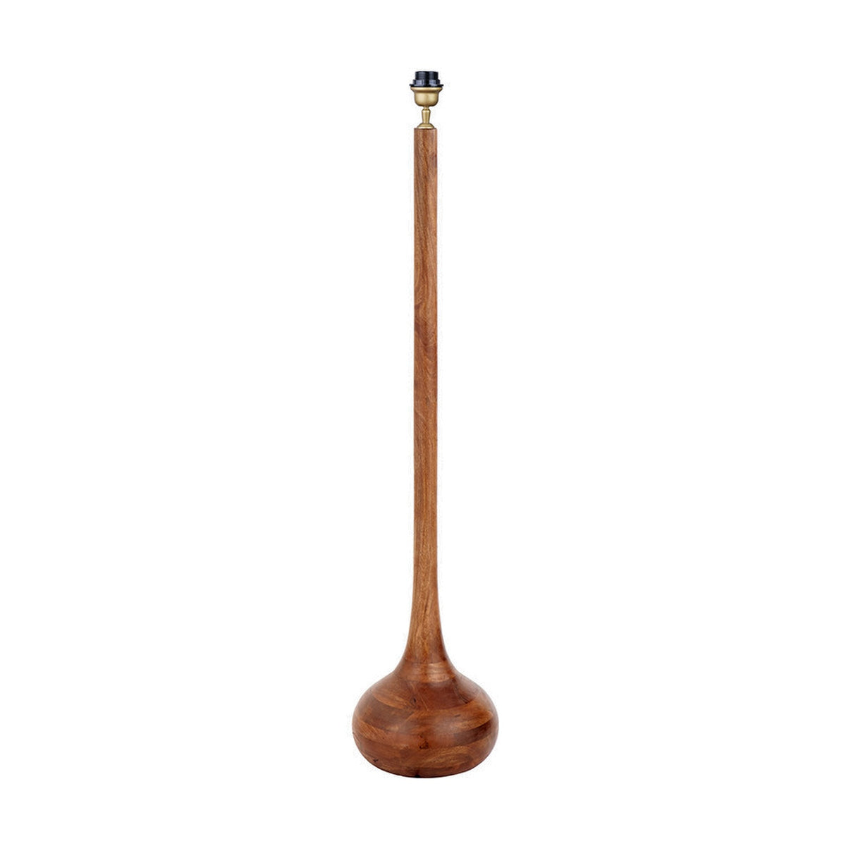 Toma Oiled Wood Tall Neck Floor Lamp Base, 136cm, with a slender turned wood stem, bulbous rounded base, and brass-toned lamp holder, shown on a plain white background.