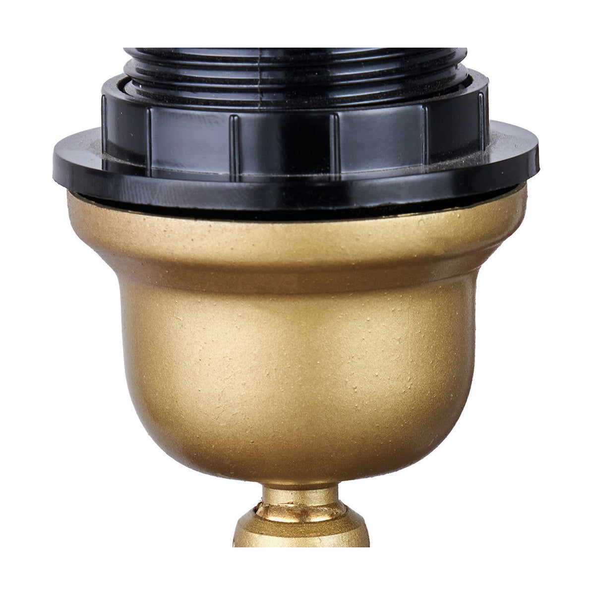 Close-up of the Toma floor lamp base neck in gold-toned metal with a black threaded fitting, shown against a plain white background.