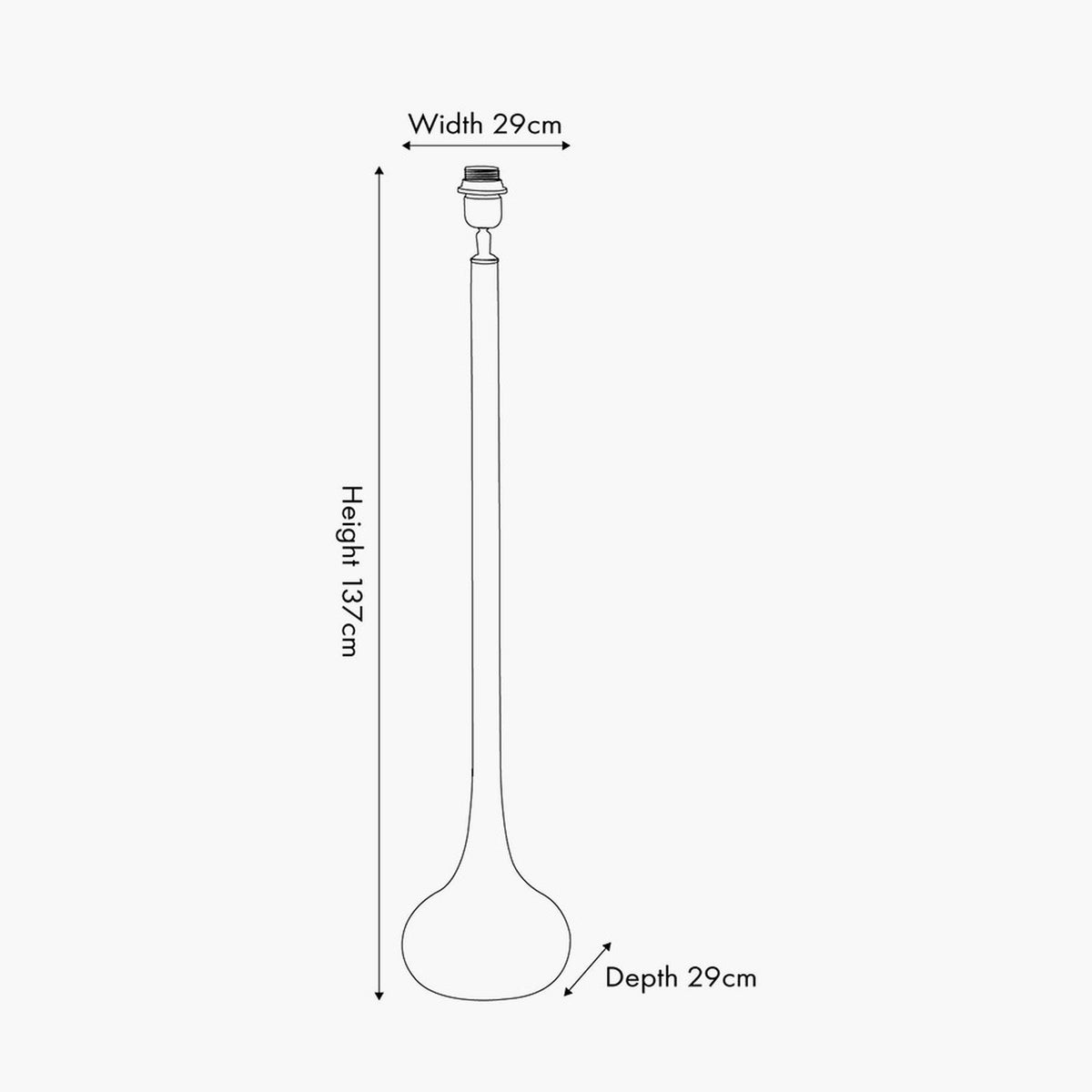 Line drawing of the Toma Oiled Wood Tall Neck Floor Lamp Base with dimensions labelled: height 137cm, width 29cm, depth 29cm, on a plain background.