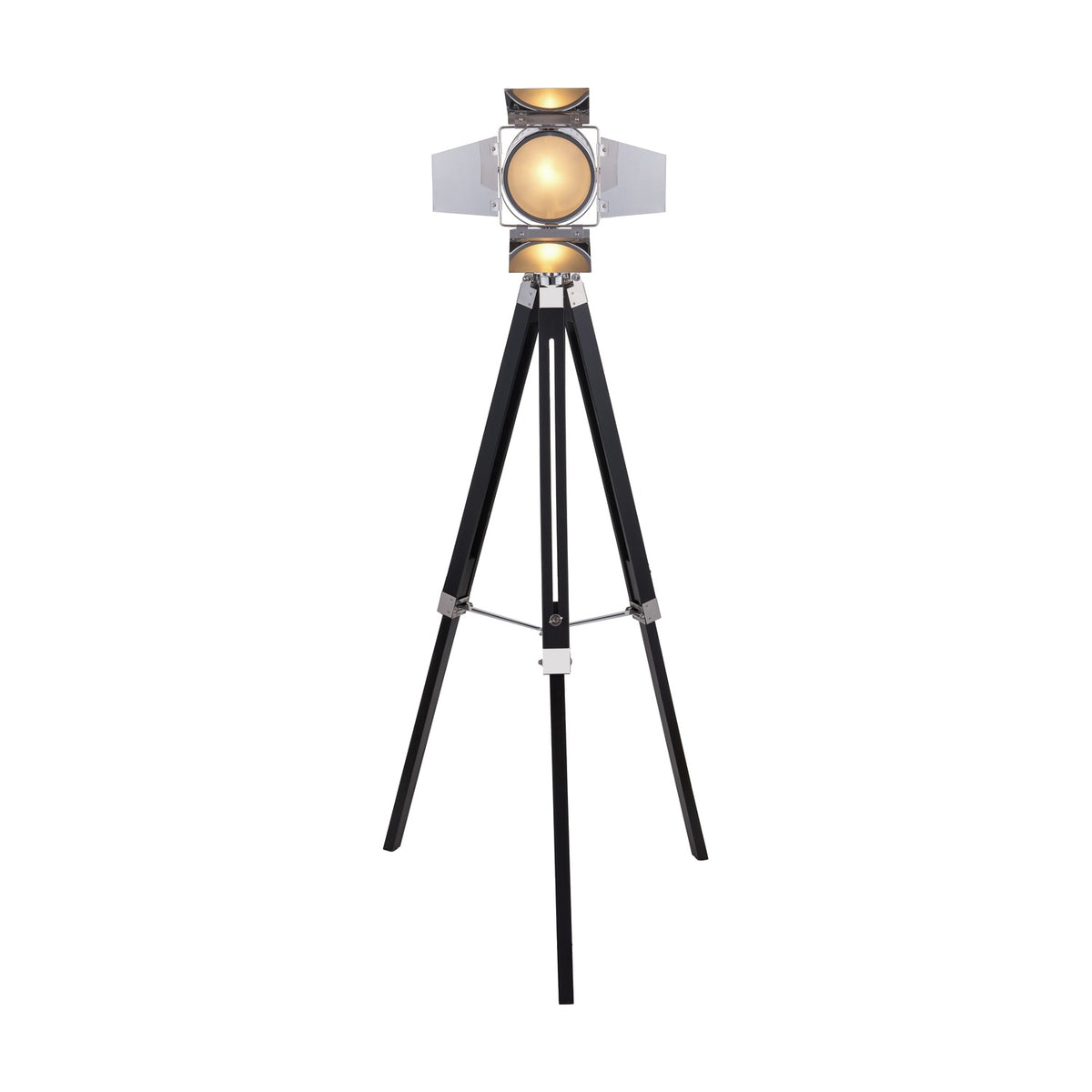 Hereford Silver & Black Tripod Floor Lamp, 153cm, with a spotlight-style chrome head on splayed black wooden tripod legs, shown on a plain white background.