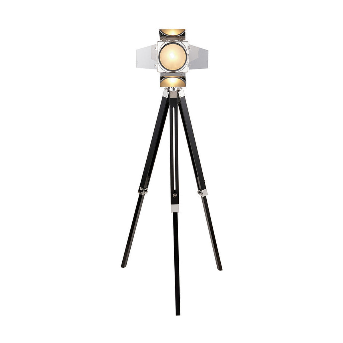 Hereford Silver & Black Tripod Floor Lamp, 153cm, with a round studio-style spotlight head on a black wooden tripod base, shown against a plain white background.