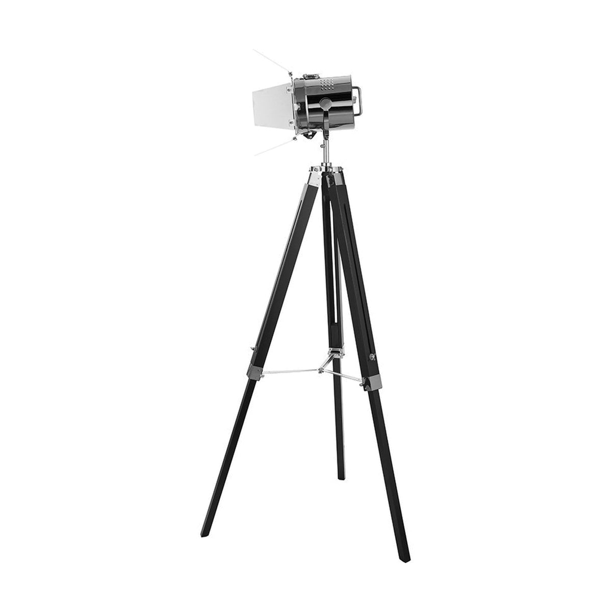 Hereford Silver & Black Tripod Floor Lamp, 153cm, with a spotlight-style chrome head on a black wooden tripod base, shown on a plain white background.