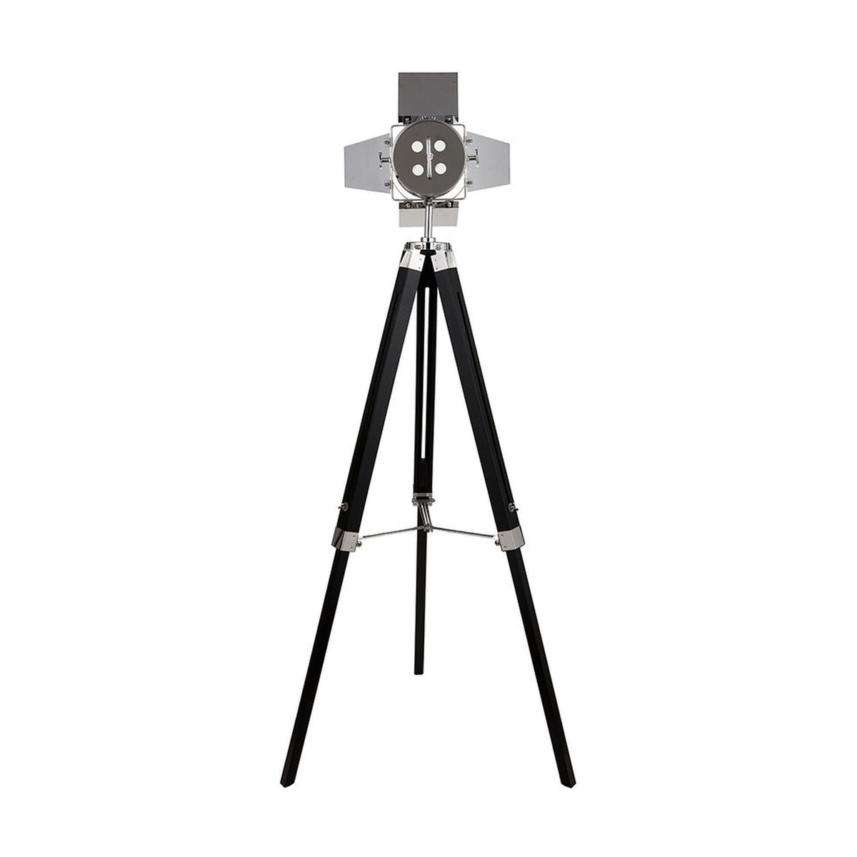 Hereford Silver & Black Tripod Floor Lamp, 153cm, featuring a spotlight-style silver studio head with black tripod legs, shown on a plain white background.