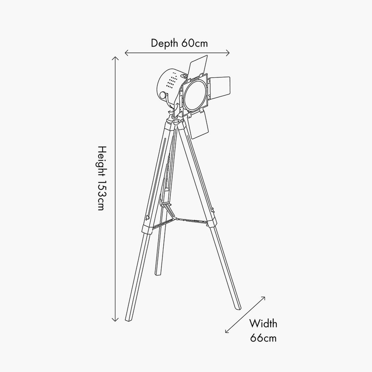Hereford Silver & Black Tripod Floor Lamp, 153cm, with adjustable spotlight head and barn door shade on angled wooden legs, line drawing with dimensions on white background.
