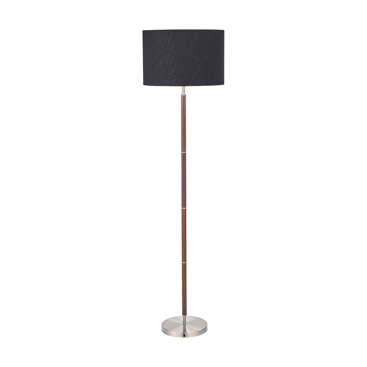 Gianni Floor Lamp, 157cm, with a black drum shade atop a wood-effect and brushed silver stem on a round metal base, shown against a plain white background.