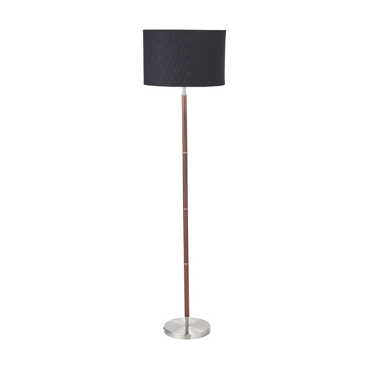 Gianni floor lamp, 157cm, with a brushed silver metal base and stem featuring dark wood-effect detailing, topped with a black drum fabric shade, on a plain white background.