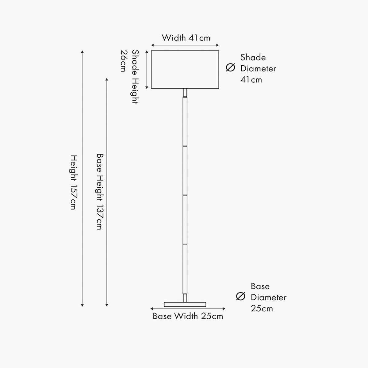 Line drawing of the Gianni Brushed Silver Floor Lamp, 157cm tall, showing a rectangular fabric shade, slim metal stem and round base with labelled dimensions.