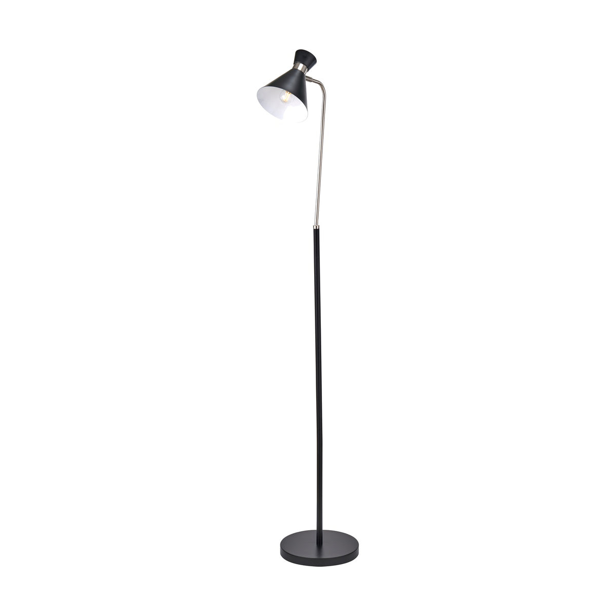 Benedict Black & Brushed Silver Iron Floor Lamp, 160cm, with an angled cone shade on a slim black stem and round base, set against a plain white background.