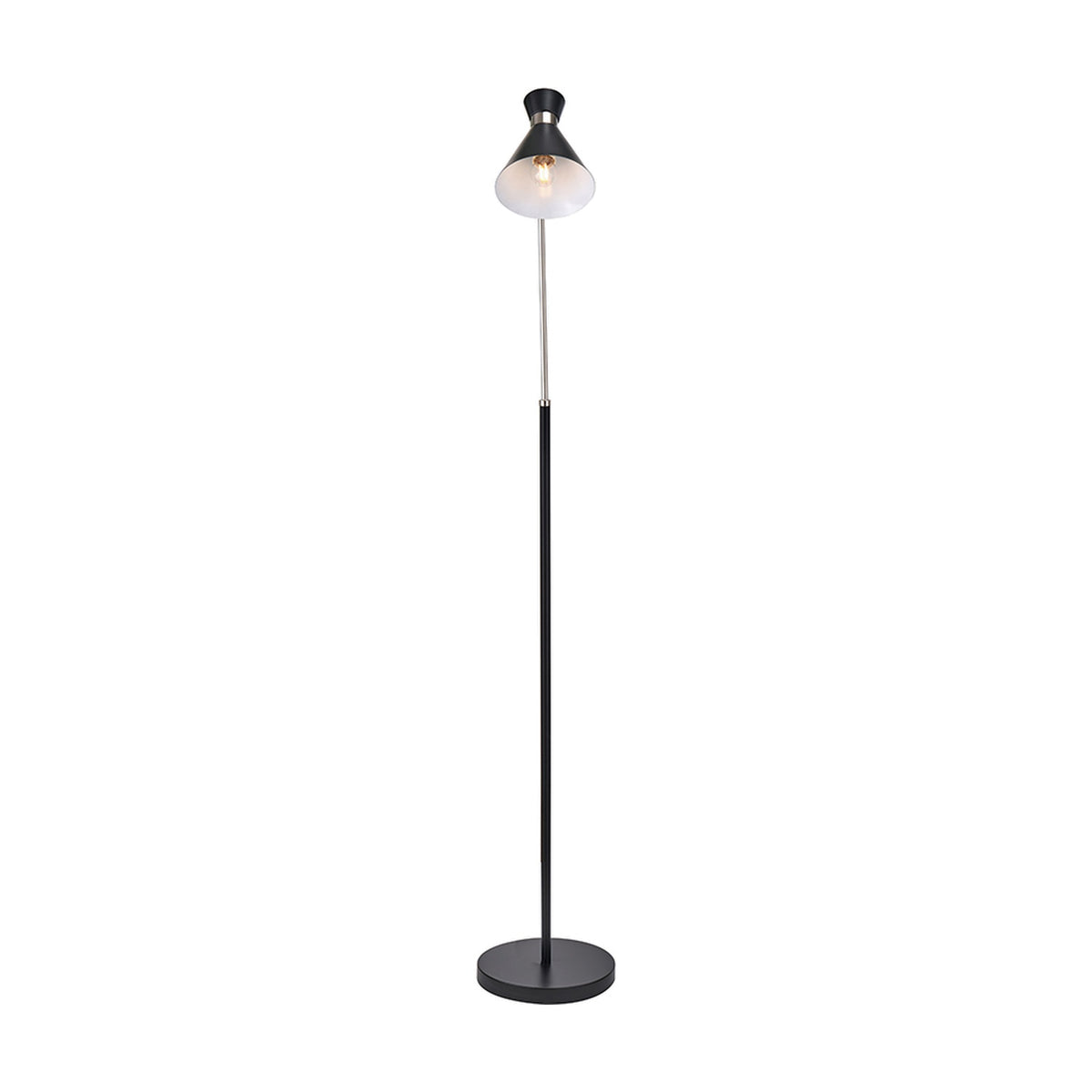 Benedict Black & Brushed Silver Iron Floor Lamp, 160cm, with a tall slim black stem, conical black-and-white shade, brushed silver riser, and round black base on a plain white background.