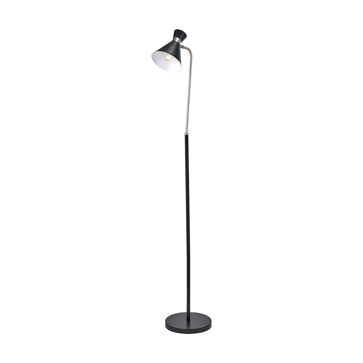 Benedict Black & Brushed Silver Iron Floor Lamp, 160cm, with a curved brushed silver arm, black conical shade, and round black base on a plain white background.
