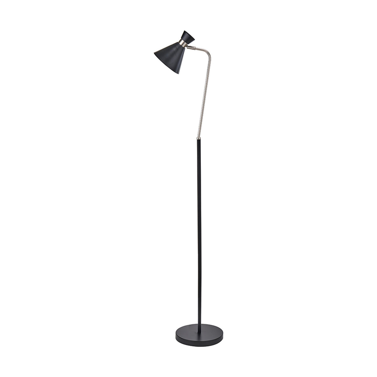 Benedict Black & Brushed Silver Iron Floor Lamp, 160cm, with an adjustable cone shade on a curved brushed silver neck, black stem and round base, shown on a plain white background.