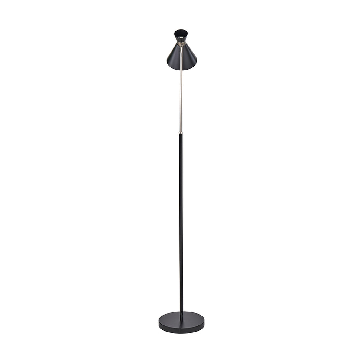 Benedict Black & Brushed Silver Iron Floor Lamp, 160cm, with a slim black stem, brushed silver accent, and angled conical shade on a round base, shown on a plain white background.