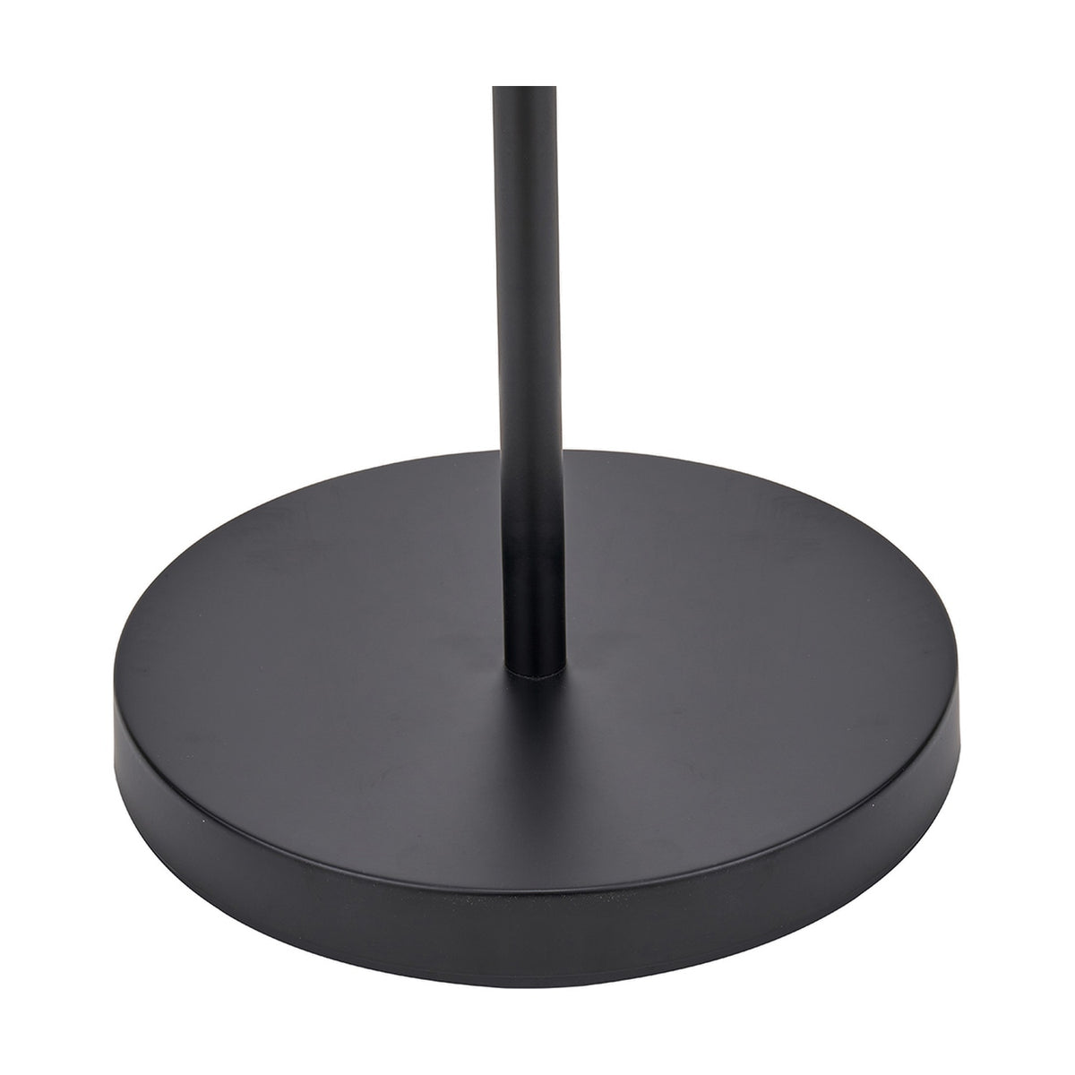 Close-up of the round black metal base and vertical rod of the Benedict Black & Brushed Silver Iron Floor Lamp, shown against a plain white background.