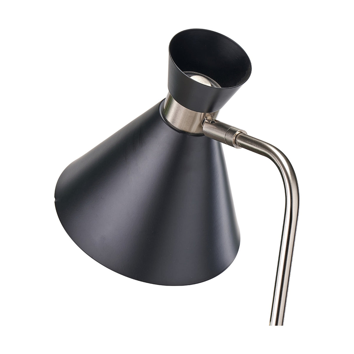 Benedict Black & Brushed Silver Iron Floor Lamp close-up showing conical black shade with brushed silver gooseneck arm and jointed fitting, on a white background.
