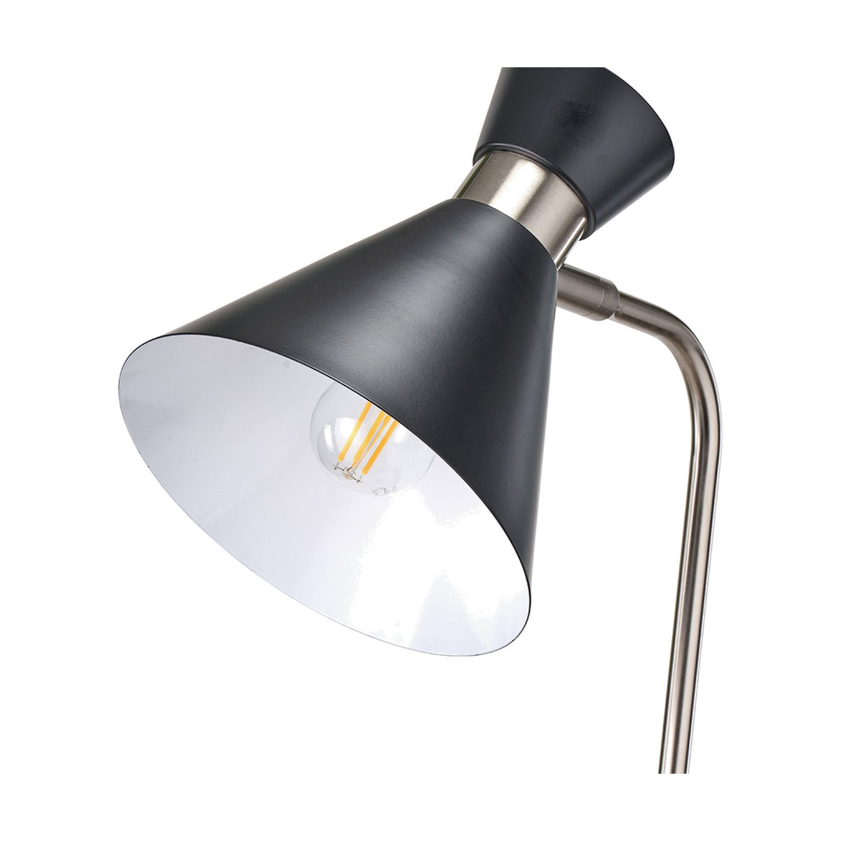 Close-up of the Benedict Black & Brushed Silver Iron Floor Lamp head, featuring a matte black conical shade with white interior, brushed silver neck joint, angled arm, and visible LED filament bulb.