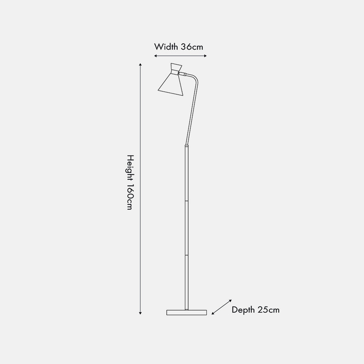 Benedict Black & Brushed Silver Iron Floor Lamp, 160cm, with angled arm and conical shade on a slim stem and round base, shown as a line diagram with width, height and depth measurements.