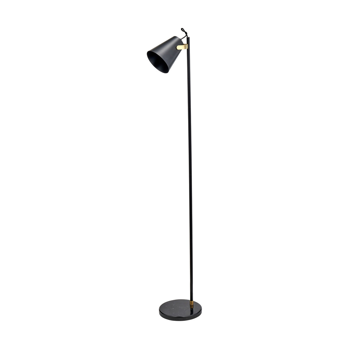 Theia Black & Brushed Brass Task Floor Lamp with a cone shade, adjustable angle, slim stem, and round marble base, shown on a plain white background.