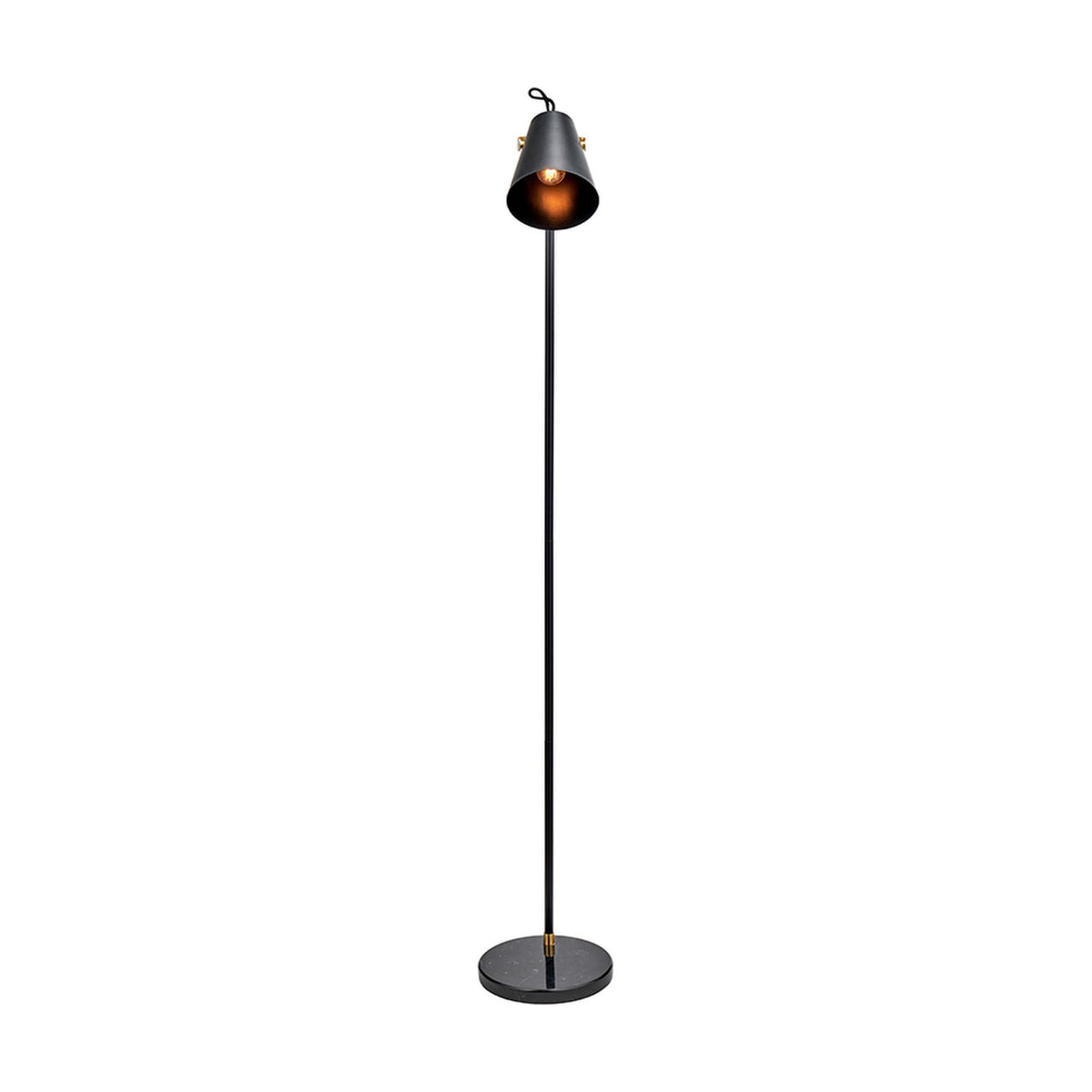 Theia Black & Brushed Brass Task Floor Lamp, 144cm, with a slim black metal pole, angled cone shade, brass accents and round marble base, on a plain white background.