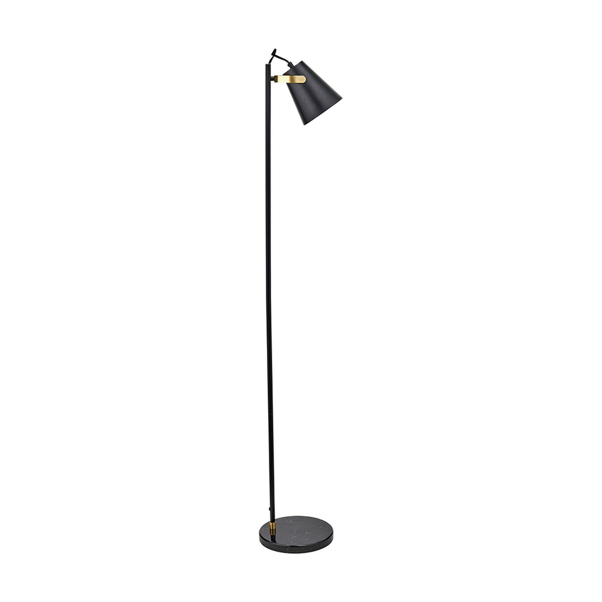Theia Black & Brushed Brass Task Floor Lamp, 144cm, with an angled cone shade on a slim black pole and round marble base, shown against a plain white background.