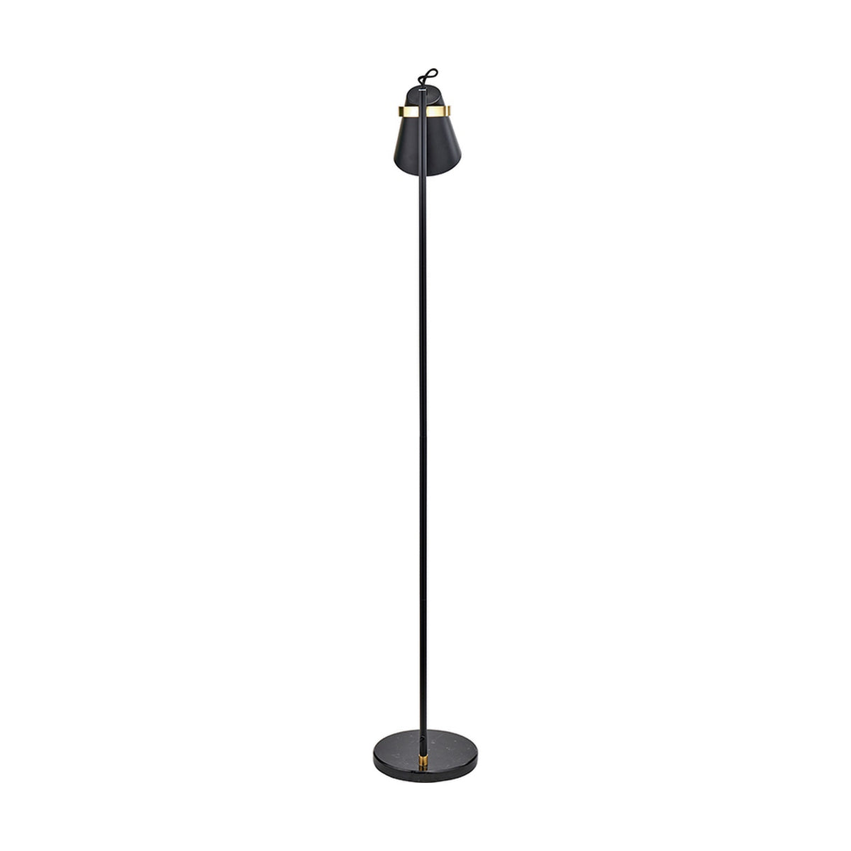 Theia Black & Brushed Brass Task Floor Lamp, 144cm, with a slim black metal stem, tapered black shade, brushed brass ring accent, and round marble base on a plain white background.
