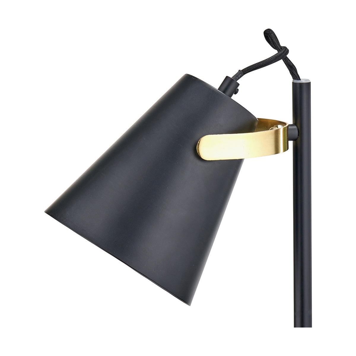 Close-up of the Theia Task Floor Lamp's black cone-shaped metal shade with an adjustable brushed brass bracket, mounted on a black pole, shown against a plain white background.