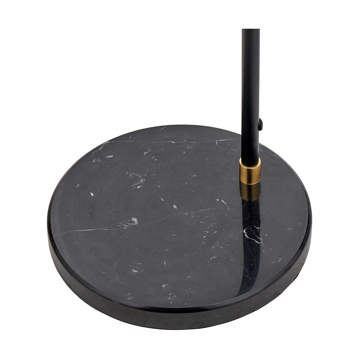 Close-up of the Theia Black & Brushed Brass Task Floor Lamp's round black marble base and black metal pole with brushed brass collar, shown on a white background.
