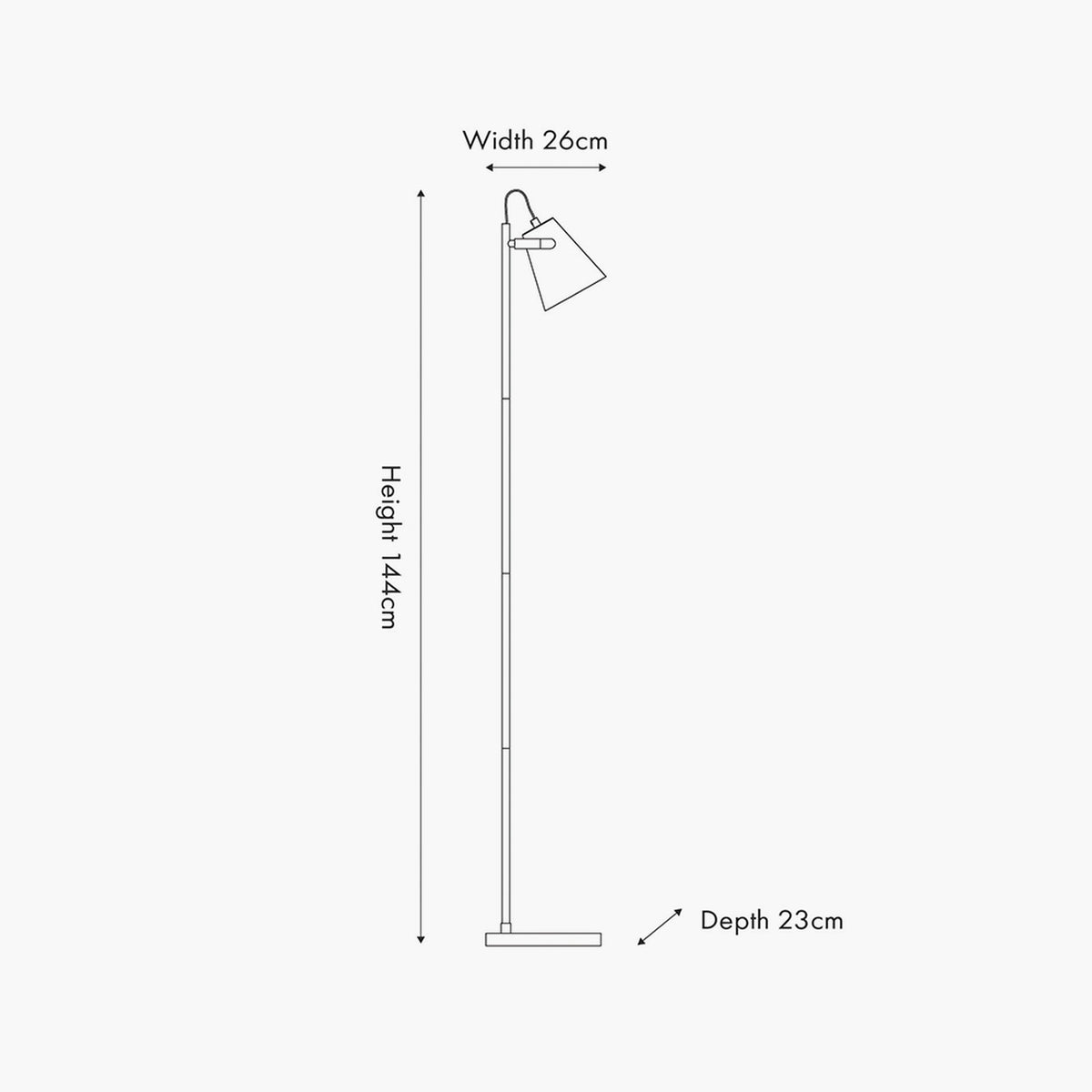 Line drawing of the Theia Black & Brushed Brass Task Floor Lamp showing a slim pole base with adjustable shade head, labelled 144cm height, 26cm width, 23cm depth.